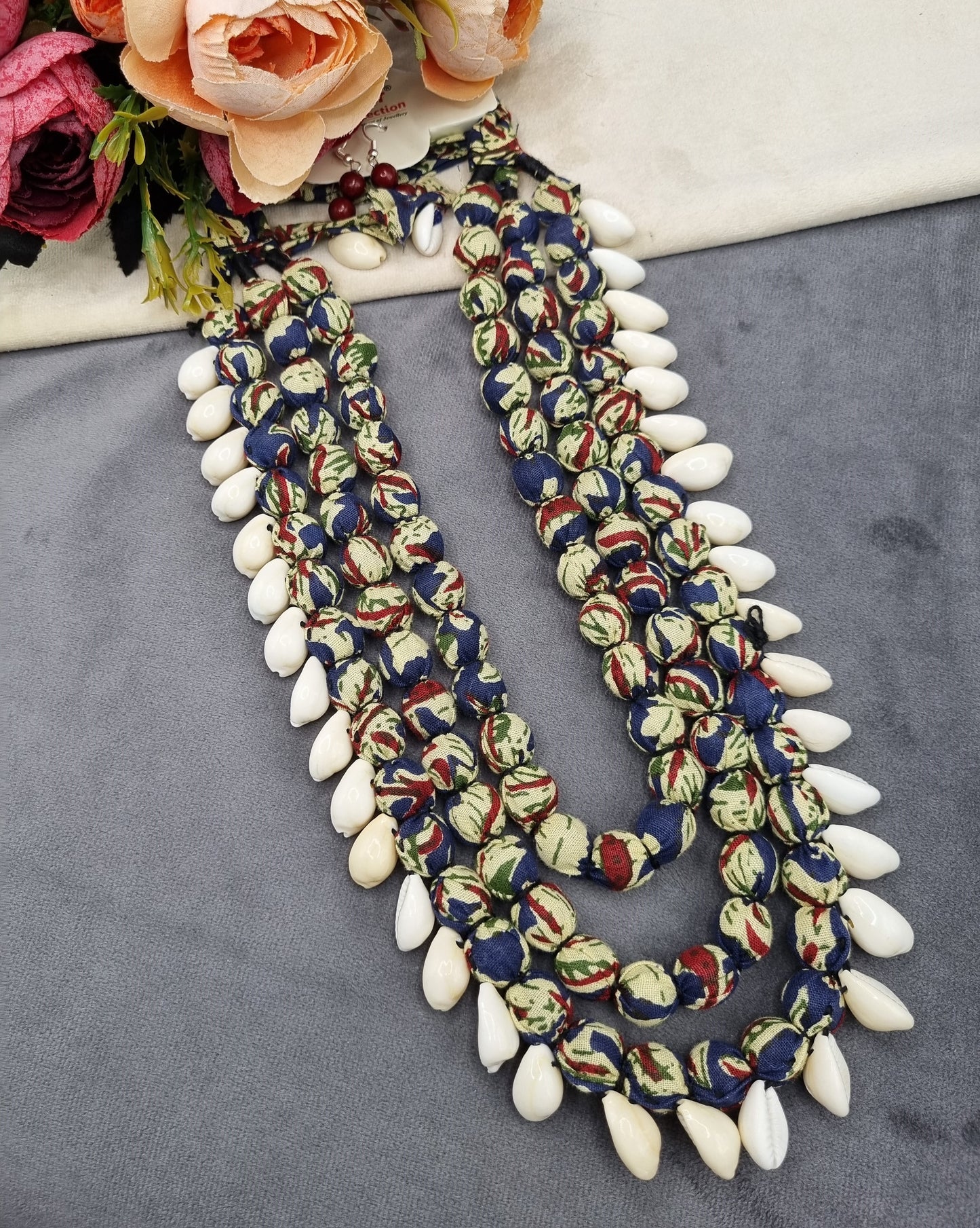 Handcrafted Multi-Layered Fabric Bead & Cowrie Shell Necklace Set