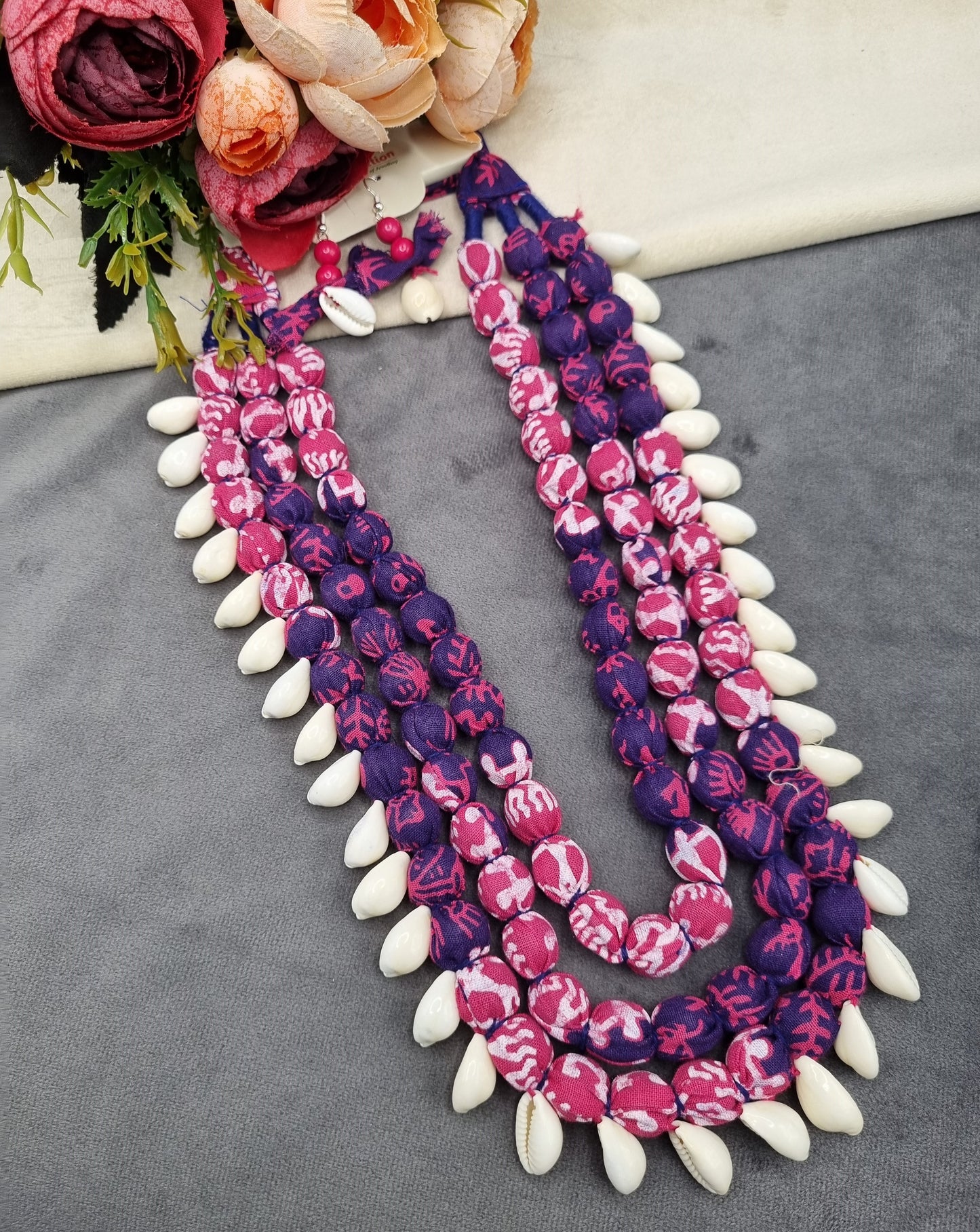 Handcrafted Multi-Layered Fabric Bead & Cowrie Shell Necklace Set