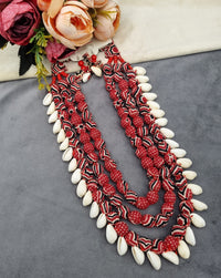 Handcrafted Multi-Layered Fabric Bead & Cowrie Shell Necklace Set