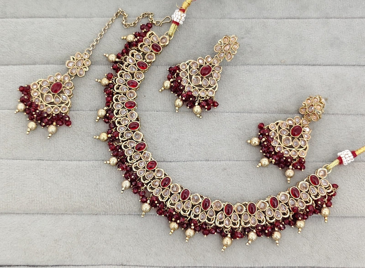 Antique Gold-Tone Stone Studded Jewelry Set with Maangtikka