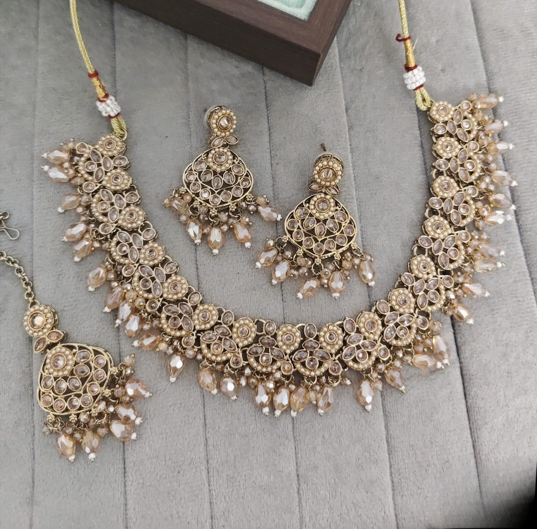 Traditional Antique Gold Pearl & Stone Choker Jewelry Set