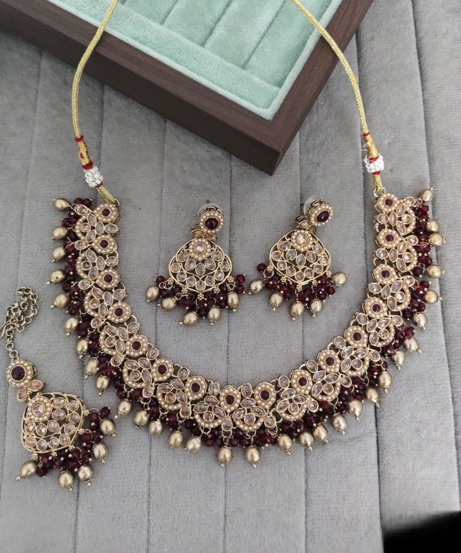 Traditional Antique Gold Pearl & Stone Choker Jewelry Set