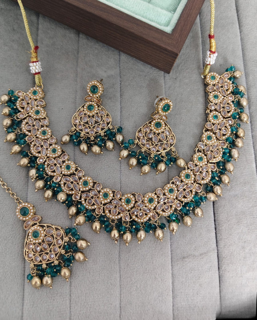 Traditional Antique Gold Pearl & Stone Choker Jewelry Set