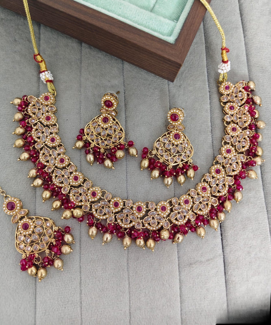 Traditional Antique Gold Pearl & Stone Choker Jewelry Set