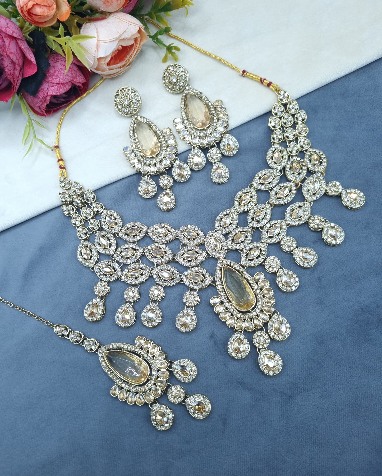 Pear-Drop Crystal Bridal Necklace Set with Tikka & Earrings