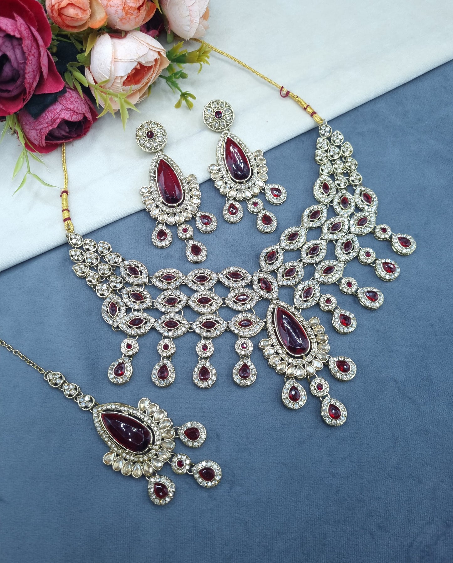 Pear-Drop Crystal Bridal Necklace Set with Tikka & Earrings