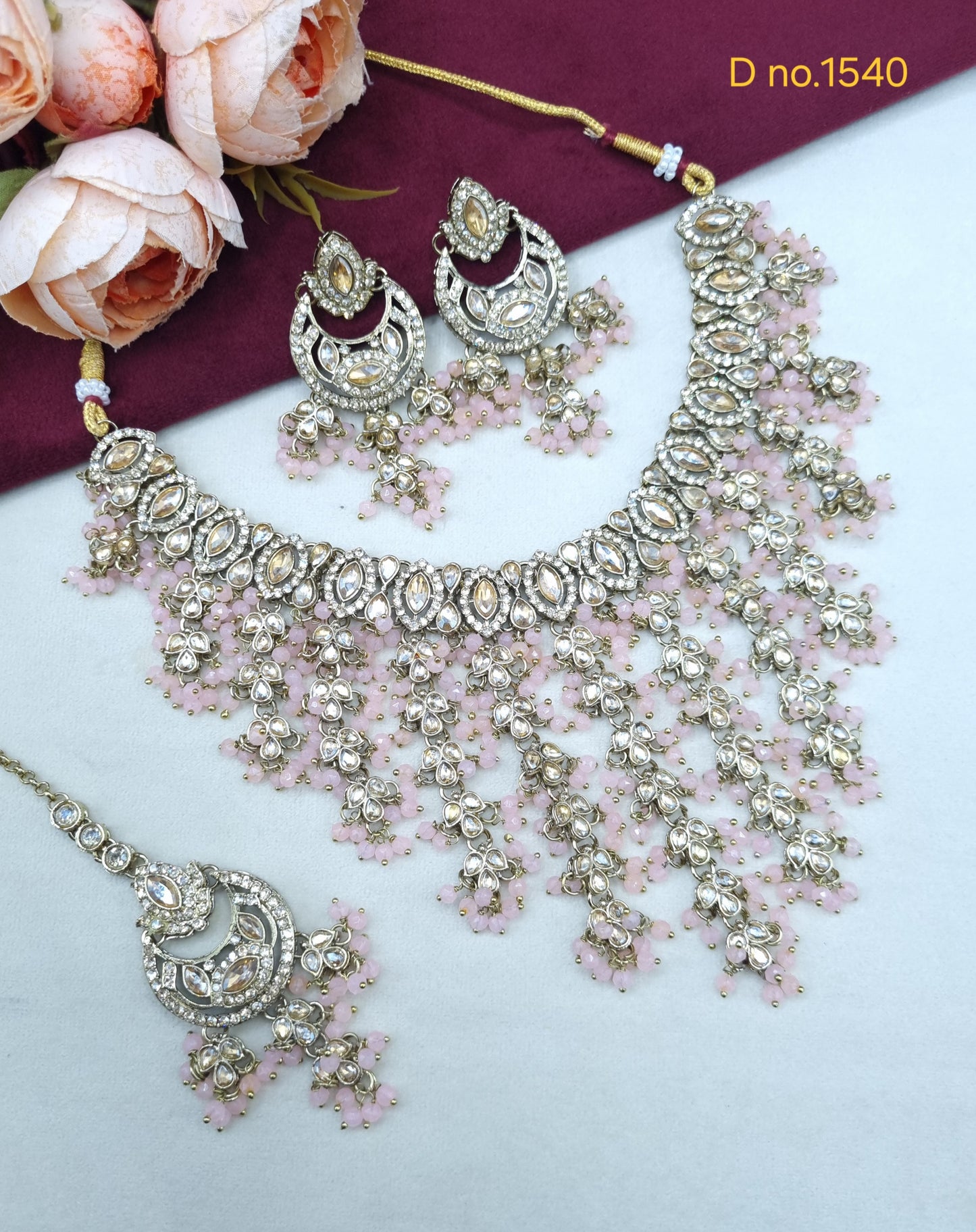 Beaded Chandbali Bridal Necklace Set with Earrings & Maang Tikka