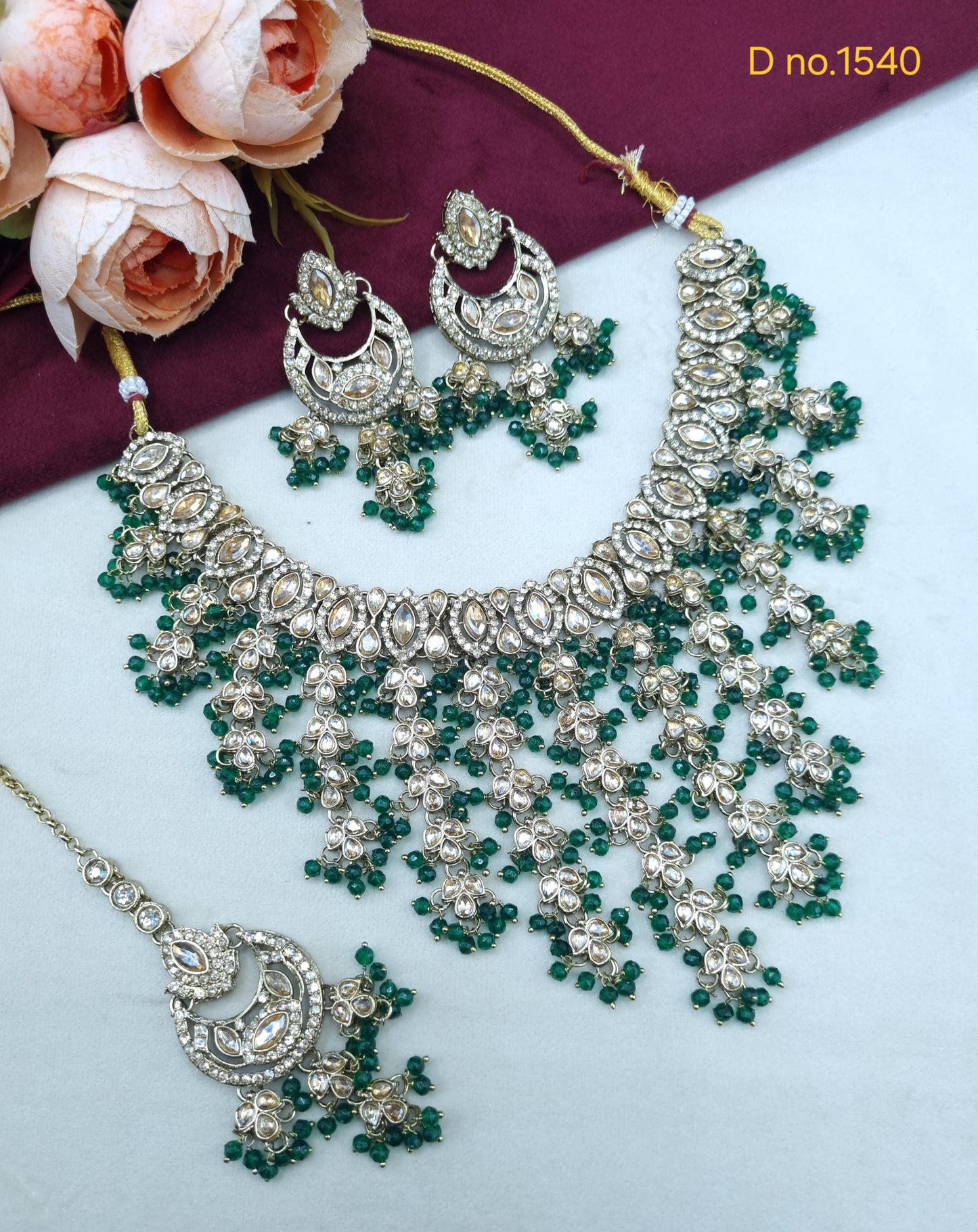 Beaded Chandbali Bridal Necklace Set with Earrings & Maang Tikka
