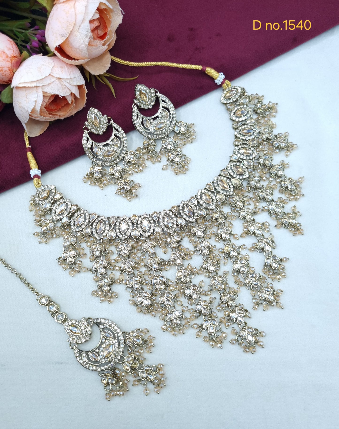 Beaded Chandbali Bridal Necklace Set with Earrings & Maang Tikka