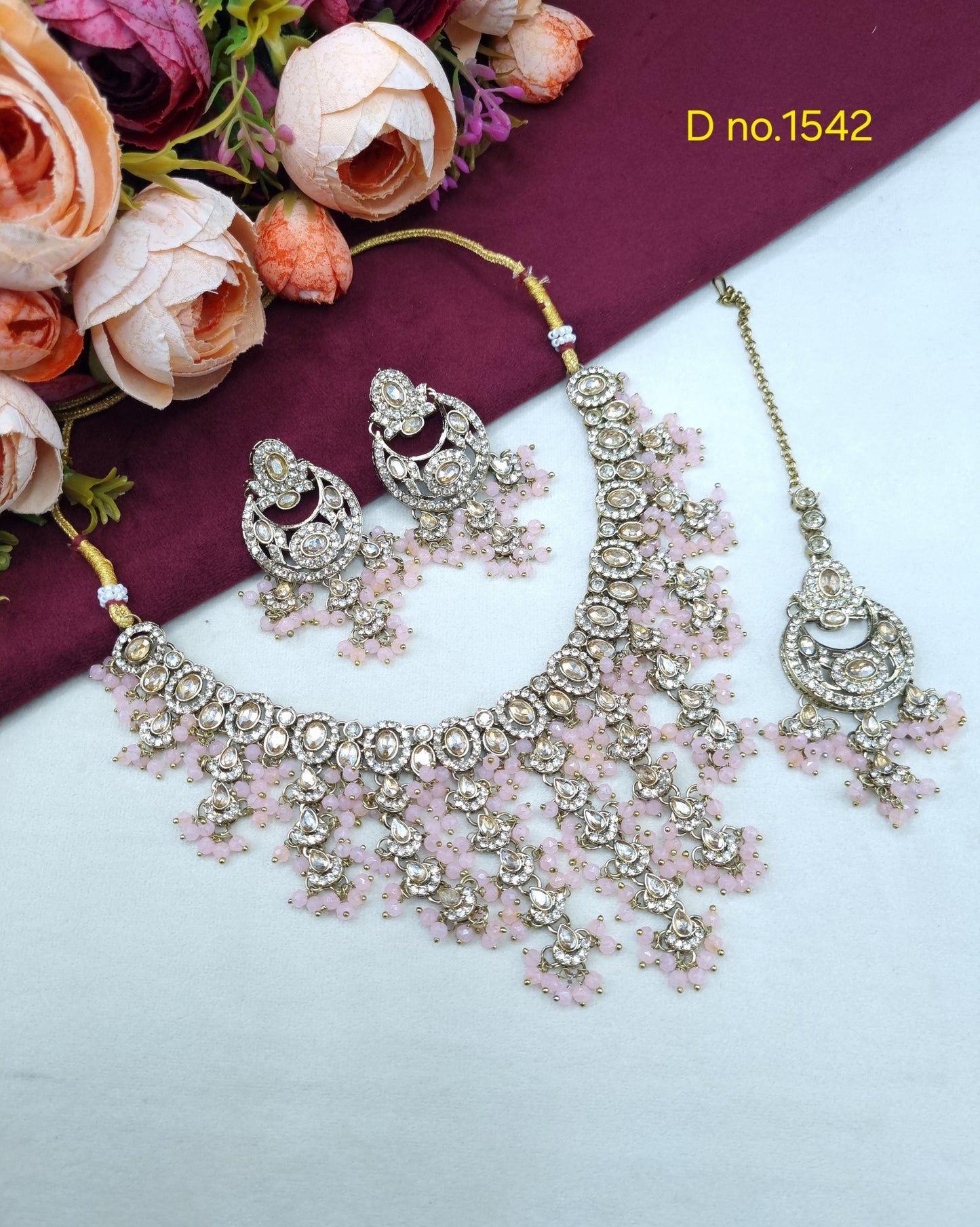 Tiered Beaded Crystal Bridal Necklace Set with Earrings & Maang Tikka