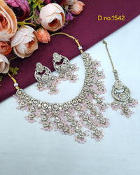Tiered Beaded Crystal Bridal Necklace Set with Earrings & Maang Tikka