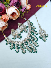 Tiered Beaded Crystal Bridal Necklace Set with Earrings & Maang Tikka