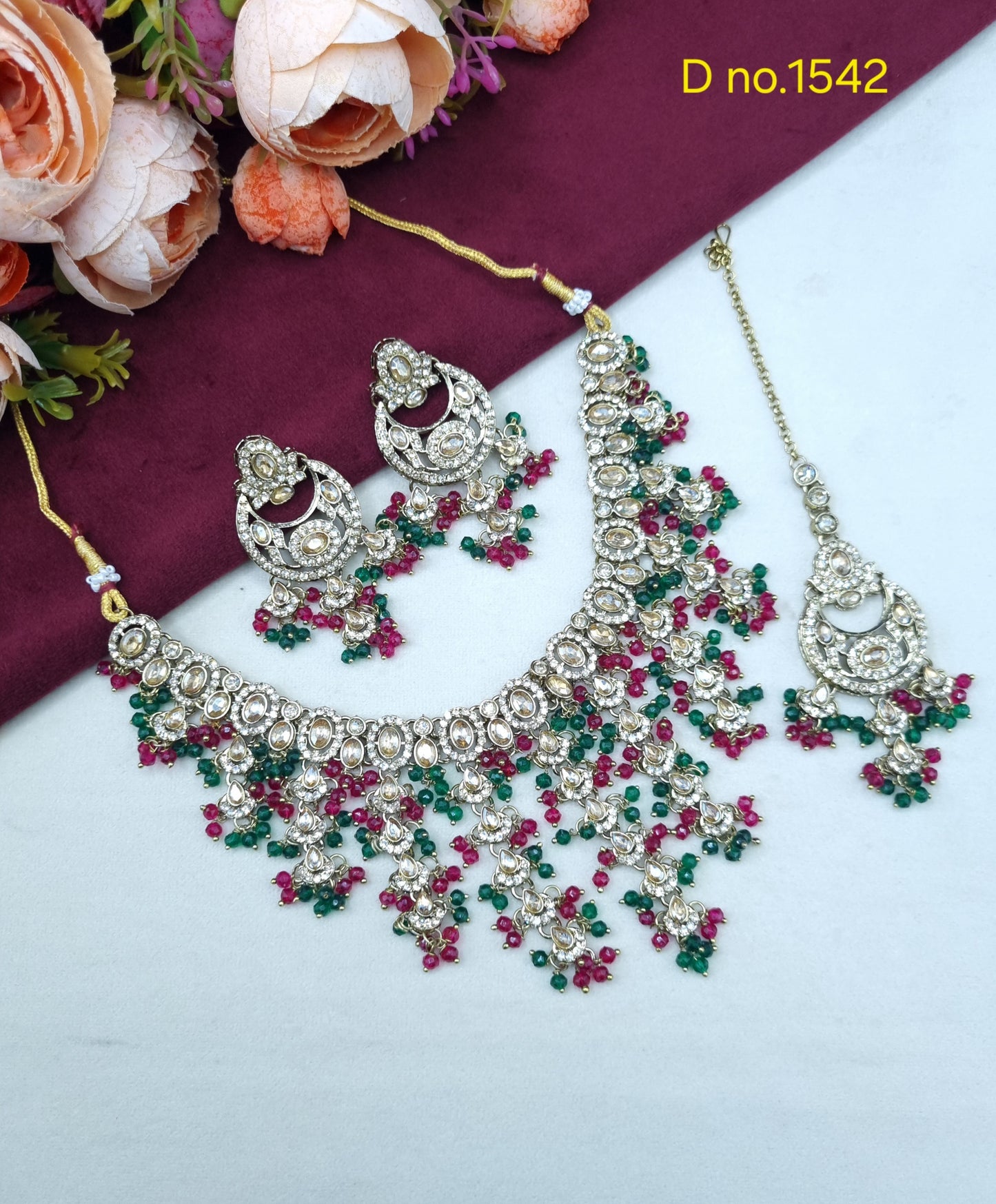 Tiered Beaded Crystal Bridal Necklace Set with Earrings & Maang Tikka