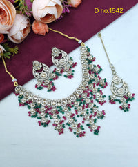 Tiered Beaded Crystal Bridal Necklace Set with Earrings & Maang Tikka