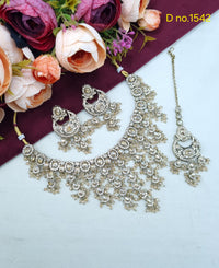 Tiered Beaded Crystal Bridal Necklace Set with Earrings & Maang Tikka