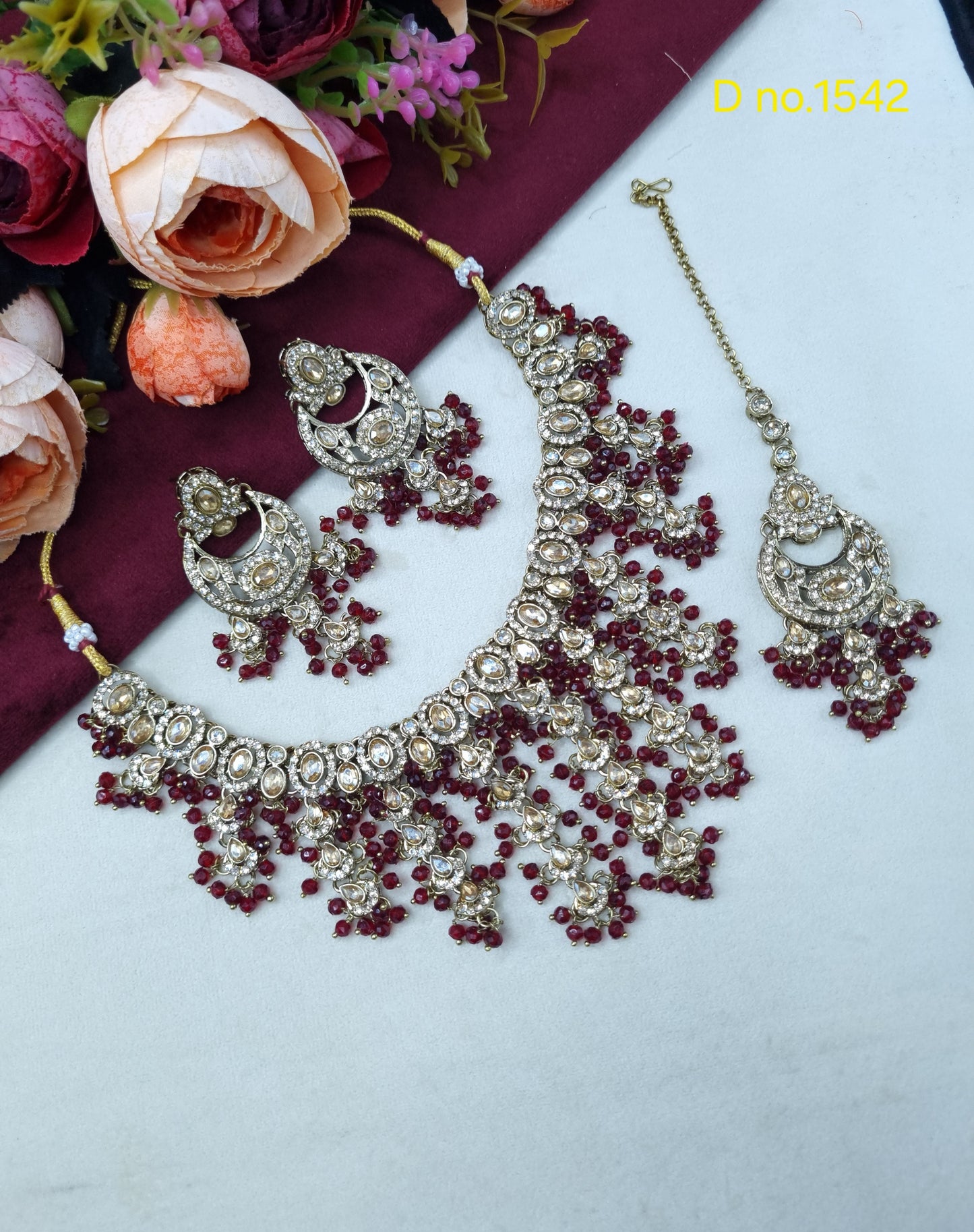 Tiered Beaded Crystal Bridal Necklace Set with Earrings & Maang Tikka