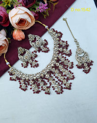 Tiered Beaded Crystal Bridal Necklace Set with Earrings & Maang Tikka