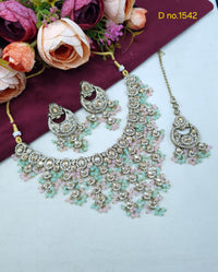 Tiered Beaded Crystal Bridal Necklace Set with Earrings & Maang Tikka