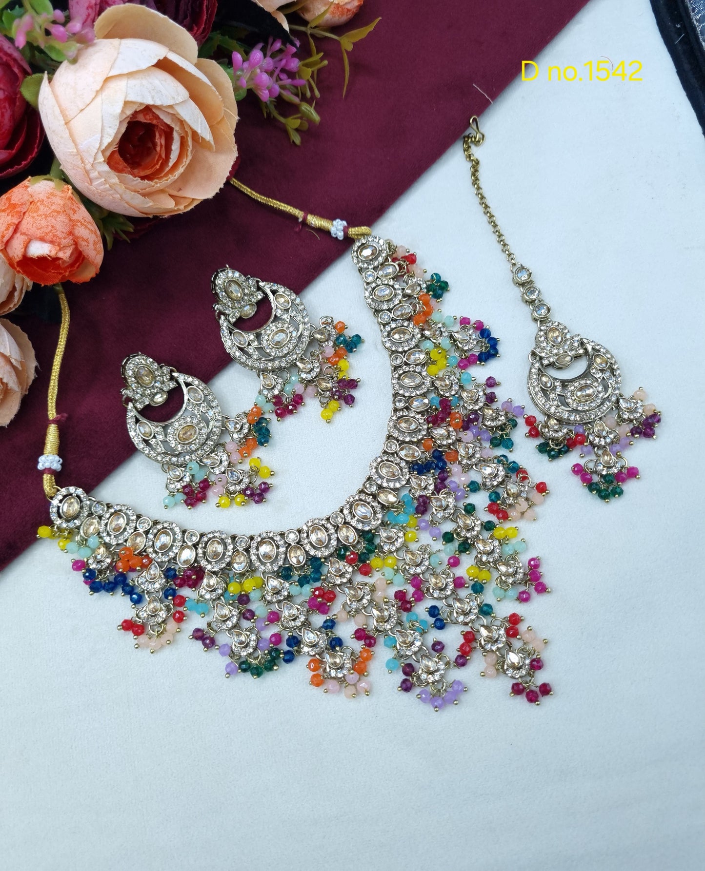 Tiered Beaded Crystal Bridal Necklace Set with Earrings & Maang Tikka