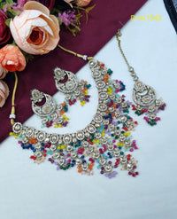 Tiered Beaded Crystal Bridal Necklace Set with Earrings & Maang Tikka