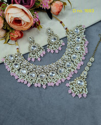 Heavy Polki-Style Choker Necklace Set with Pearl Cluster Detailing & Maang Tikka