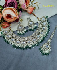 Heavy Polki-Style Choker Necklace Set with Pearl Cluster Detailing & Maang Tikka