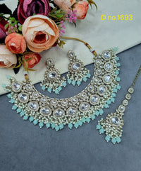 Heavy Polki-Style Choker Necklace Set with Pearl Cluster Detailing & Maang Tikka