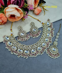 Floral Polki-Style Bridal Necklace Set with Cluster Beads & Maang Tikka
