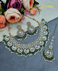 Floral Polki-Style Bridal Necklace Set with Cluster Beads & Maang Tikka