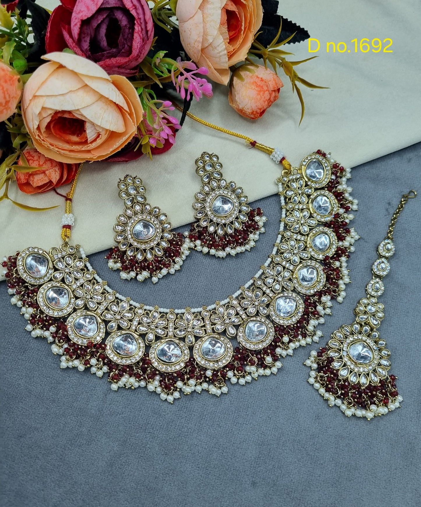 Floral Polki-Style Bridal Necklace Set with Cluster Beads & Maang Tikka