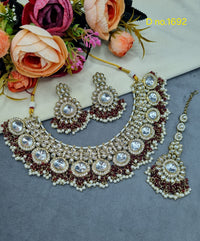 Floral Polki-Style Bridal Necklace Set with Cluster Beads & Maang Tikka