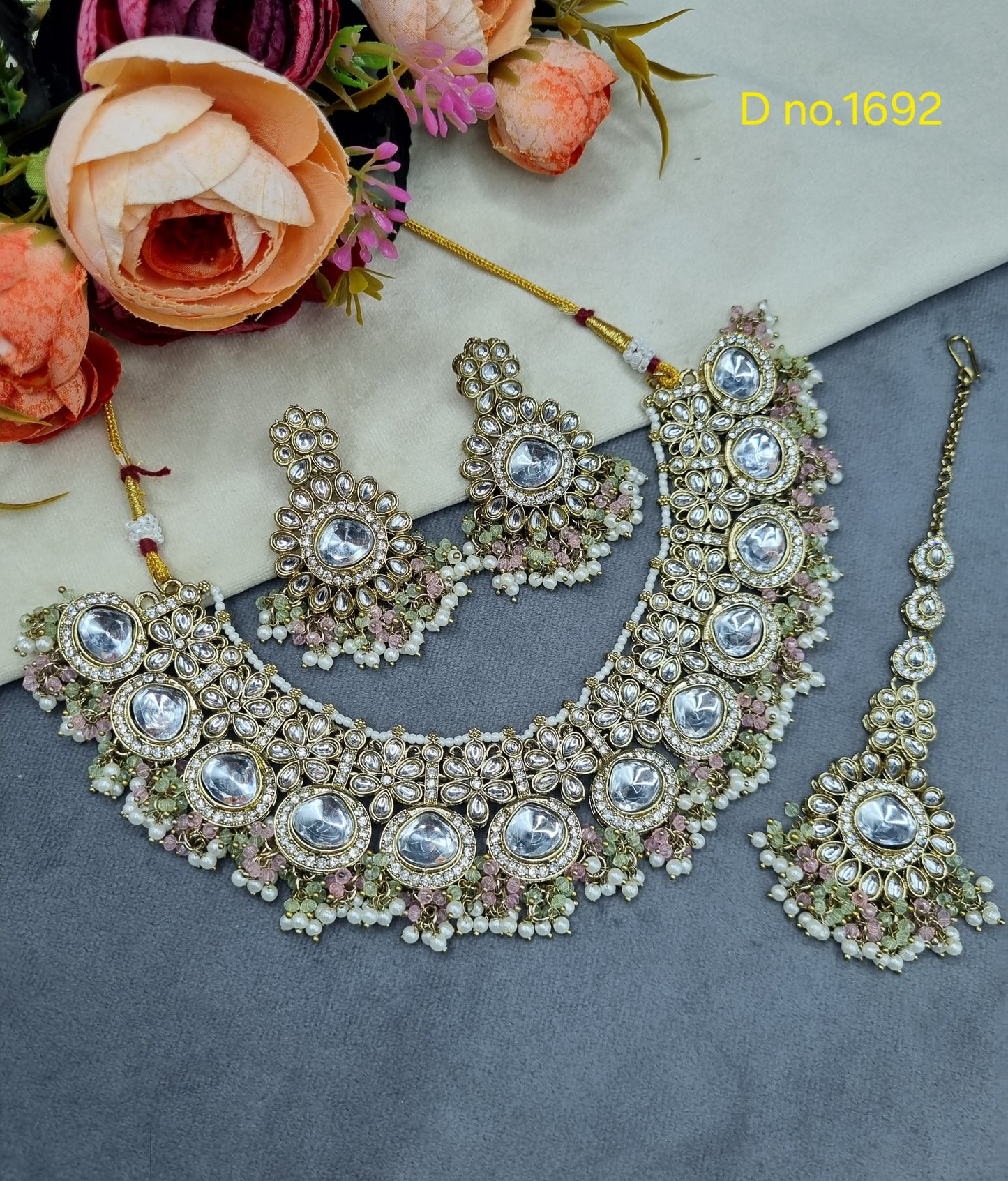 Floral Polki-Style Bridal Necklace Set with Cluster Beads & Maang Tikka