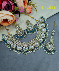 Floral Polki-Style Bridal Necklace Set with Cluster Beads & Maang Tikka