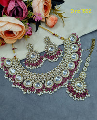 Floral Polki-Style Bridal Necklace Set with Cluster Beads & Maang Tikka