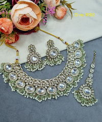Floral Polki-Style Bridal Necklace Set with Cluster Beads & Maang Tikka