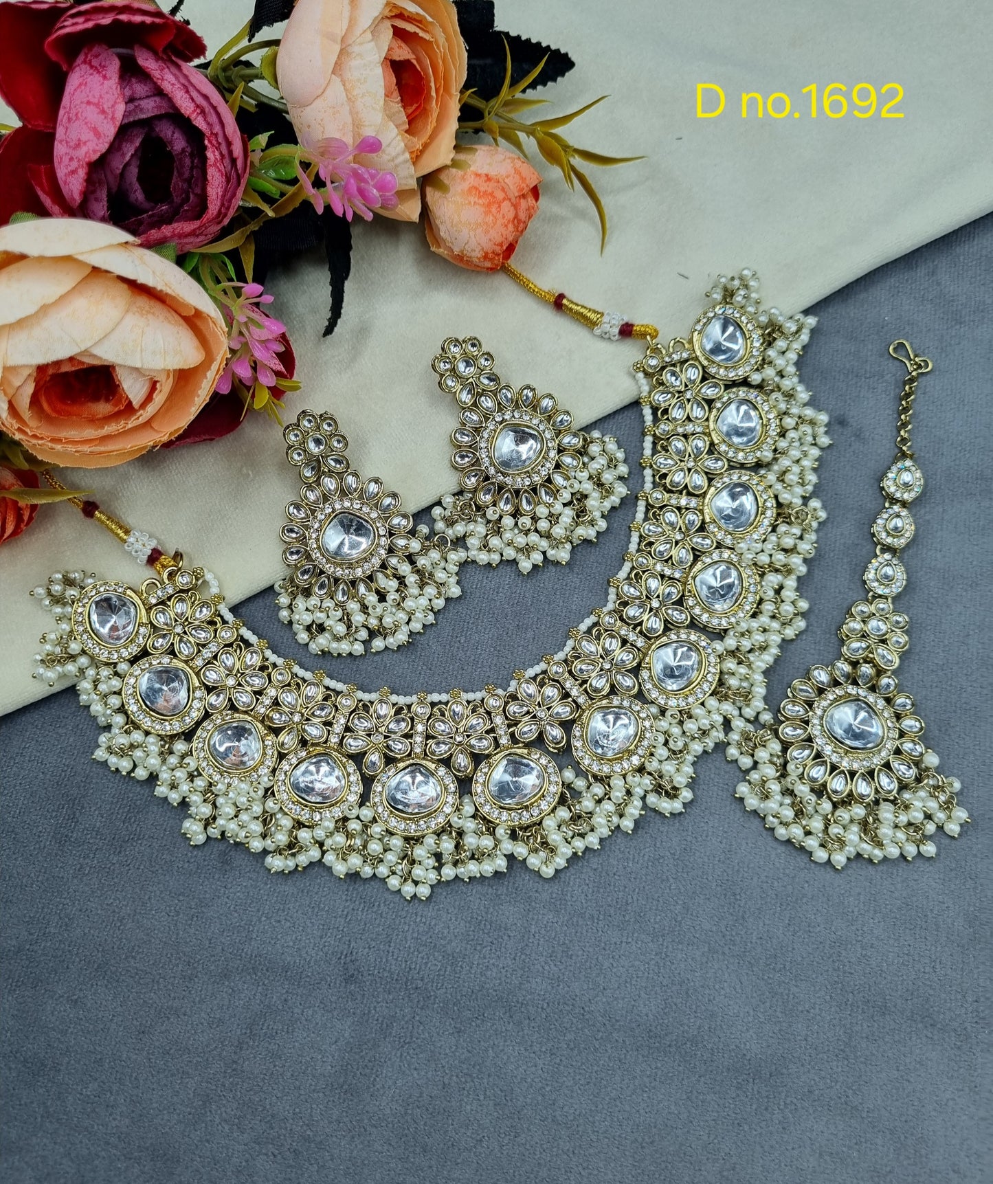 Floral Polki-Style Bridal Necklace Set with Cluster Beads & Maang Tikka