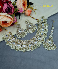 Floral Polki-Style Bridal Necklace Set with Cluster Beads & Maang Tikka