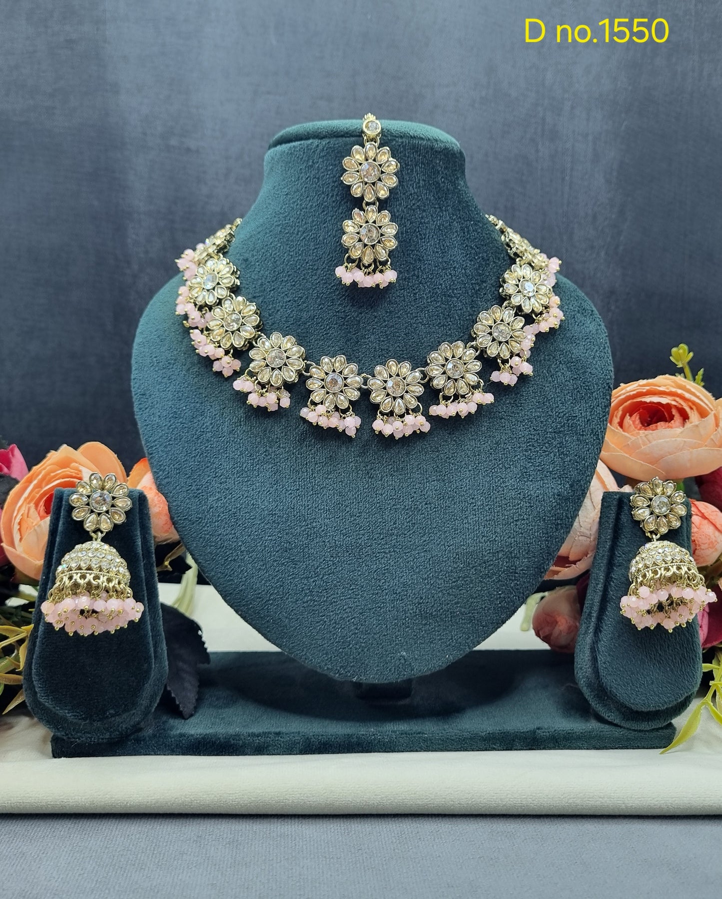 Floral Necklace Set with Matching Jhumkas & Maang Tikka