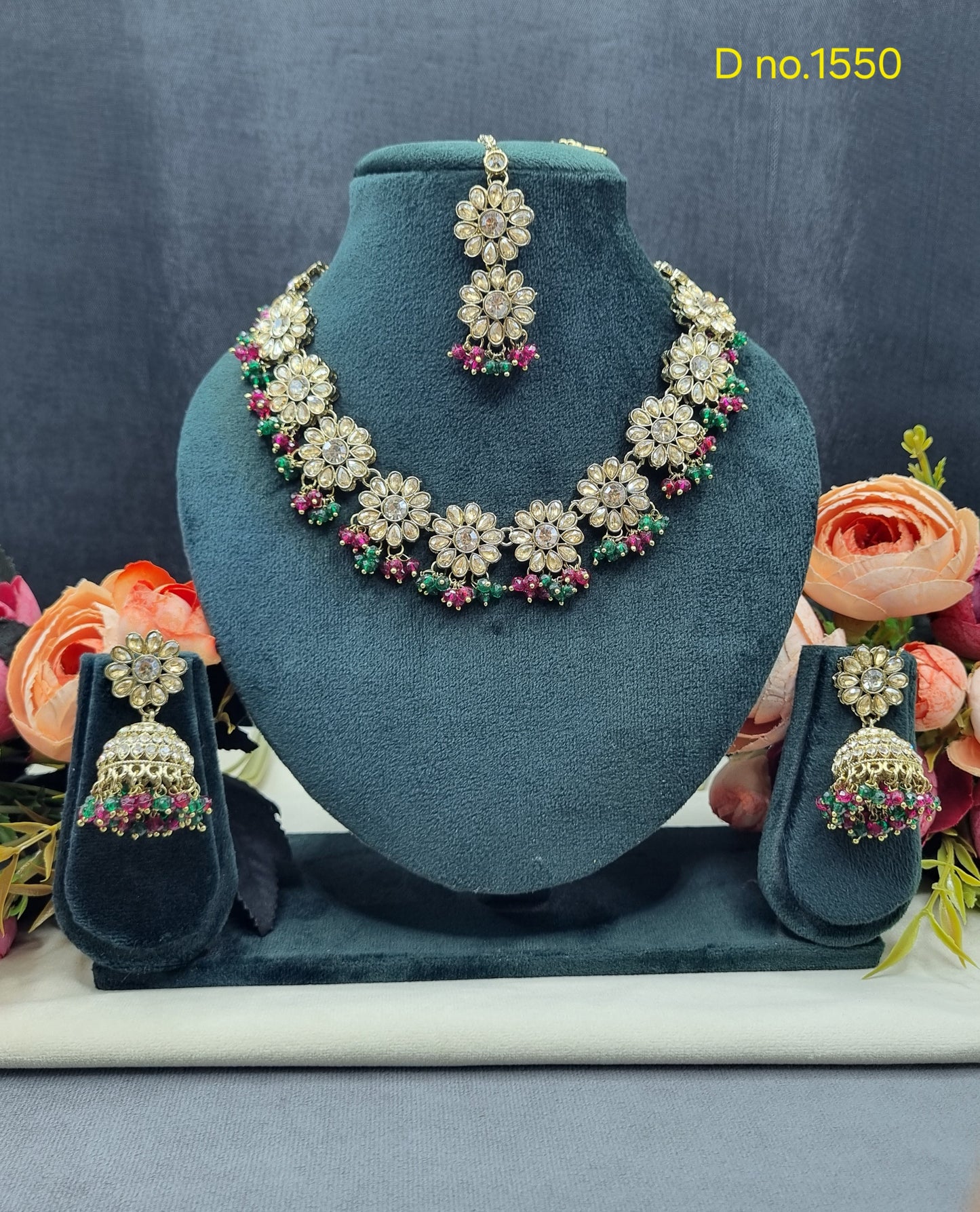 Floral Necklace Set with Matching Jhumkas & Maang Tikka