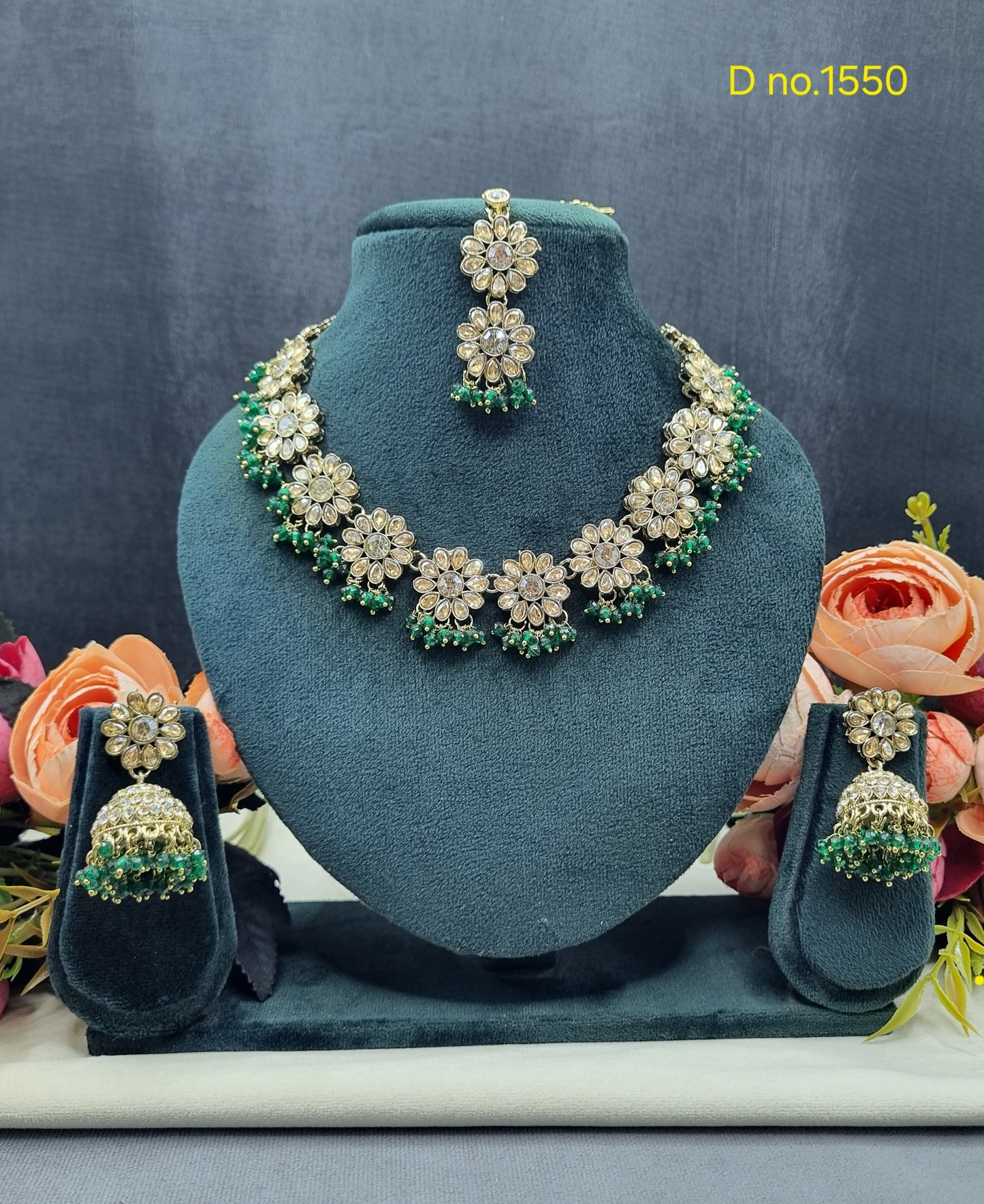Floral Necklace Set with Matching Jhumkas & Maang Tikka