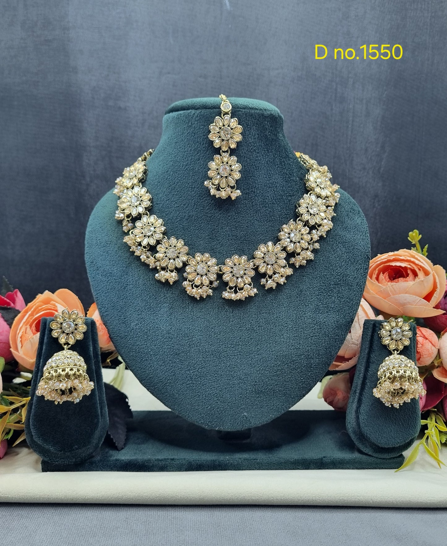 Floral Necklace Set with Matching Jhumkas & Maang Tikka