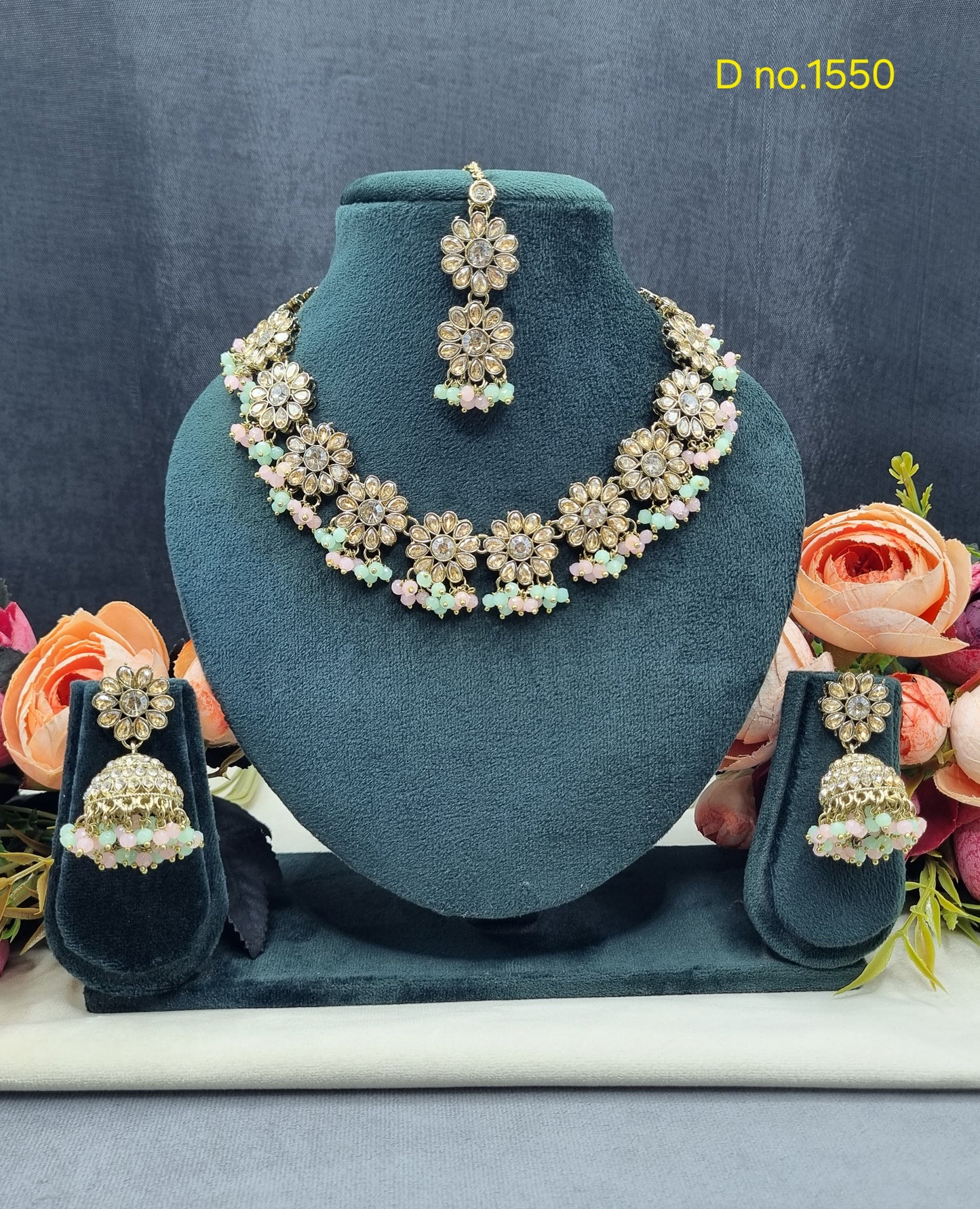 Floral Necklace Set with Matching Jhumkas & Maang Tikka