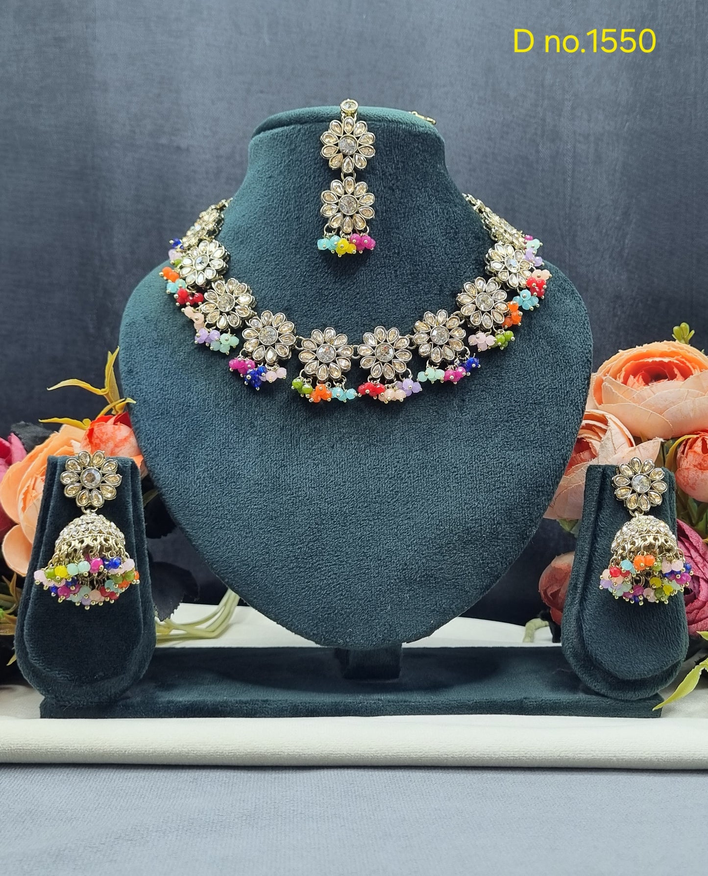 Floral Necklace Set with Matching Jhumkas & Maang Tikka