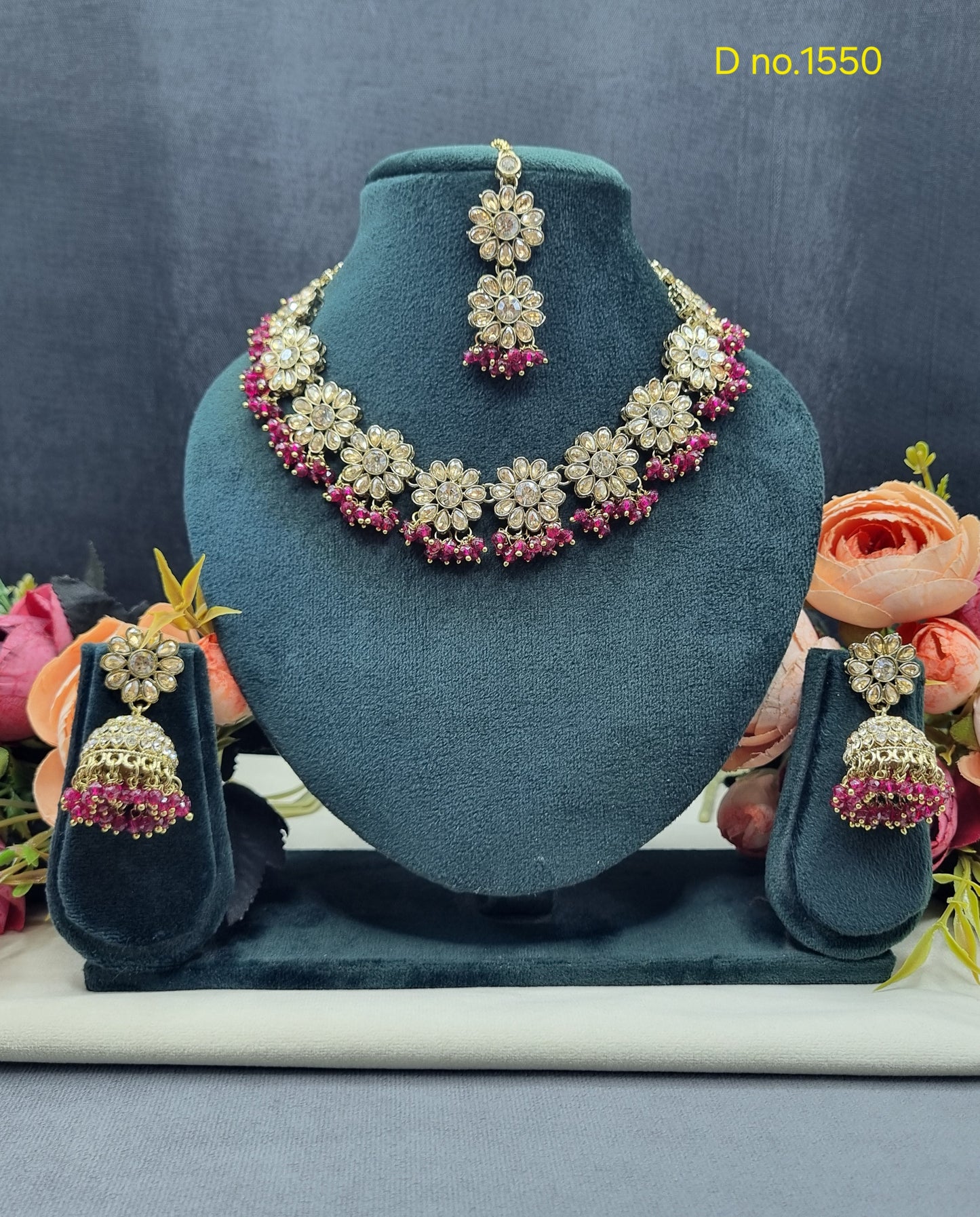 Floral Necklace Set with Matching Jhumkas & Maang Tikka