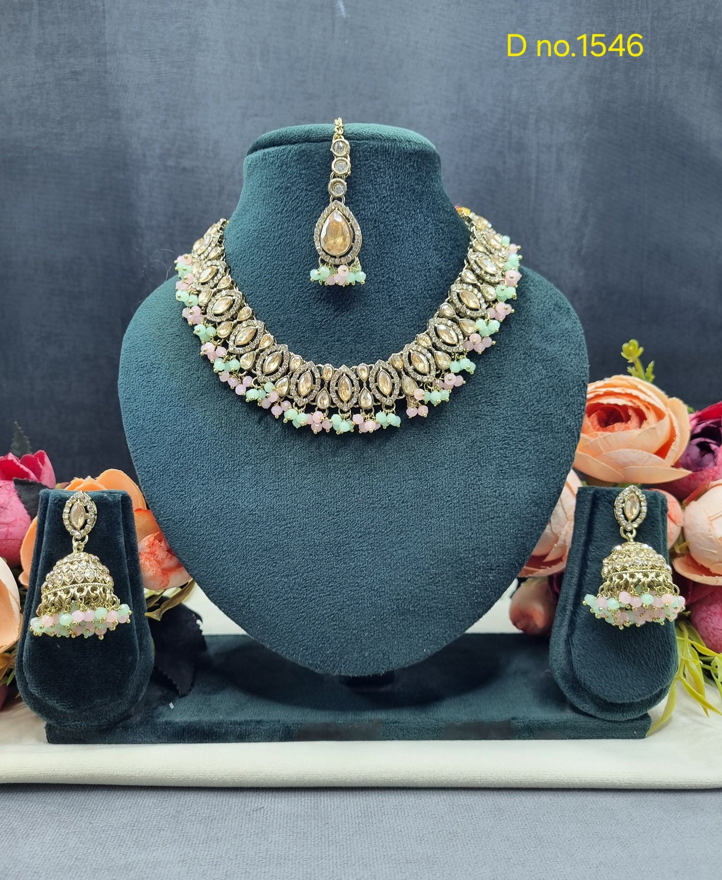 Teardrop Choker Necklace Set with Jhumkas & Maang Tikka