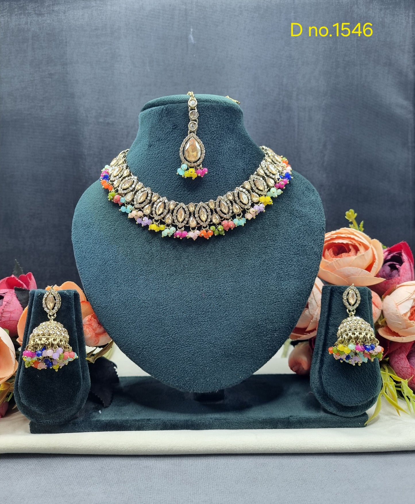 Teardrop Choker Necklace Set with Jhumkas & Maang Tikka