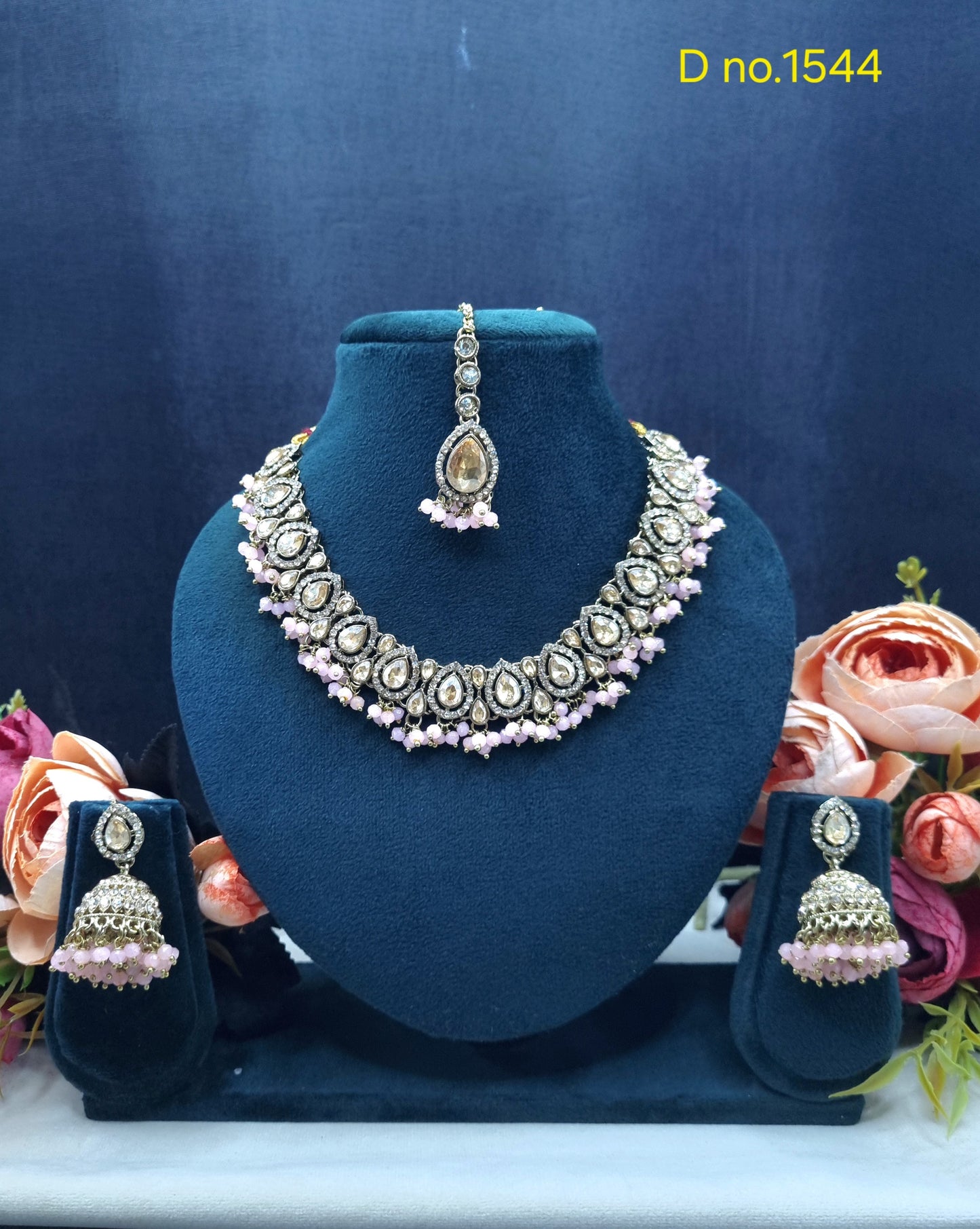 Zricon Dual-Row Collar Necklace Set with Jhumkas & Maang Tikka