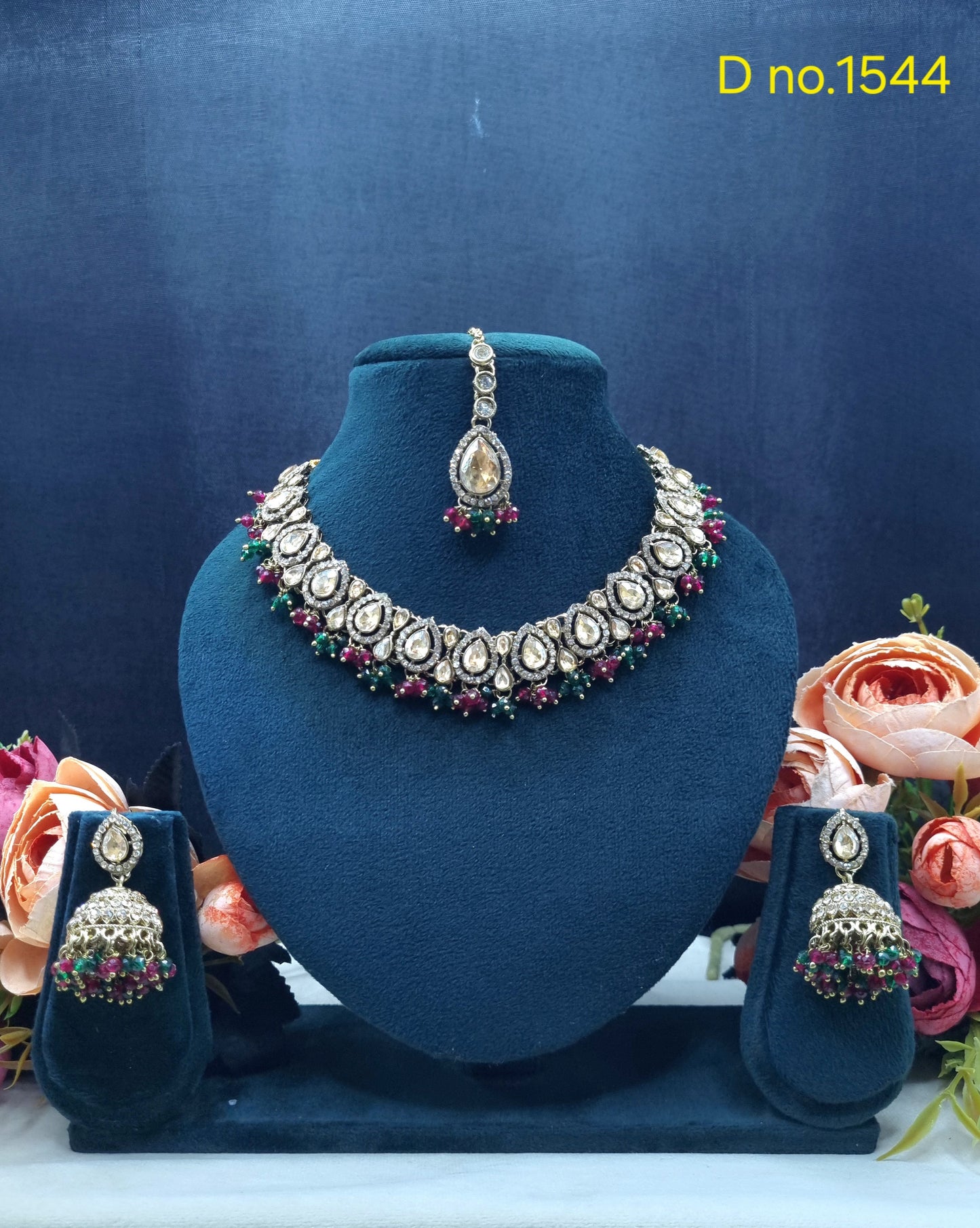 Zricon Dual-Row Collar Necklace Set with Jhumkas & Maang Tikka