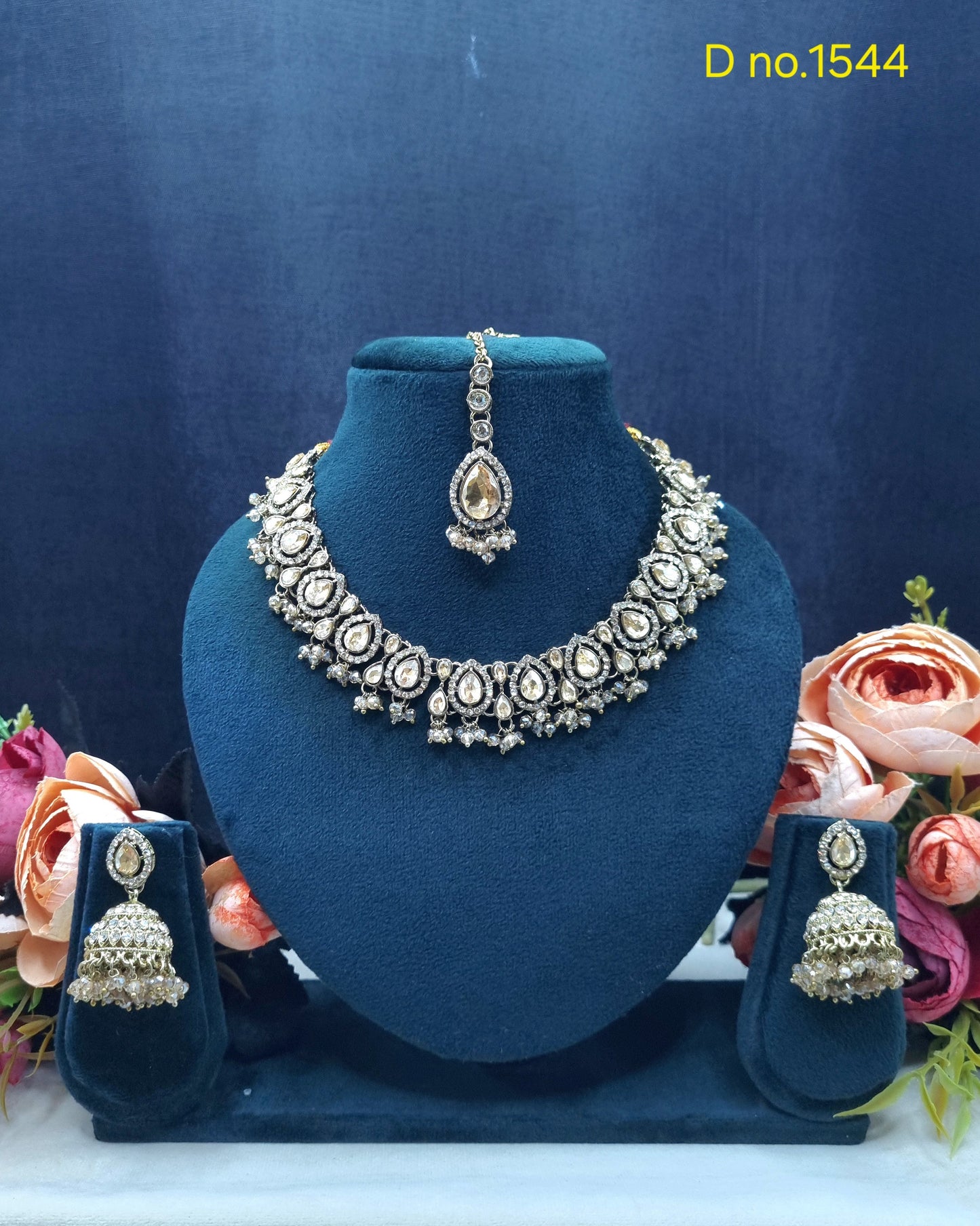 Zricon Dual-Row Collar Necklace Set with Jhumkas & Maang Tikka