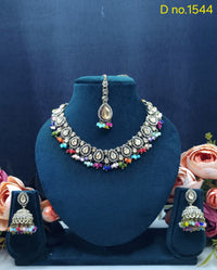 Zricon Dual-Row Collar Necklace Set with Jhumkas & Maang Tikka